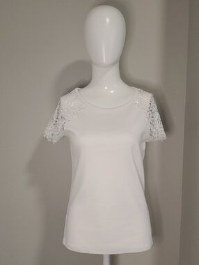 Rafaella White Tee with Lace Cap Sleeves